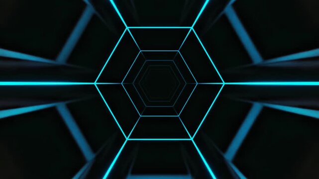 Futuristic endless loop tunnel made of glowing blue neon hexagon frames moving through a dark sci-fi corridor. High-tech, digital virtual reality or gaming motion graphic background.