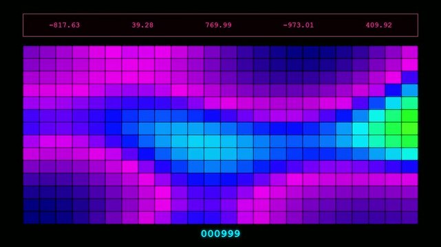 A futuristic and highly detailed transparent UI dashboard displays complex digital data through shifting heatmap colors and numerical coordinates for advanced technological monitoring and analysis.