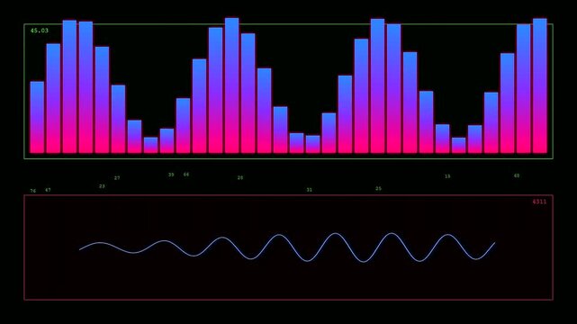 This futuristic and colorful transparent UI dashboard displays dynamic audio frequencies and complex data waves moving across a dark screen for high tech digital monitoring purposes.