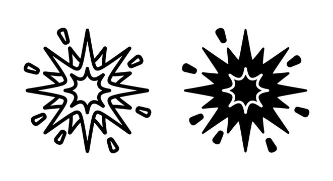 Explosion Icons, Burst Symbols, Starburst Graphics. Two styles: outline and solid fill.