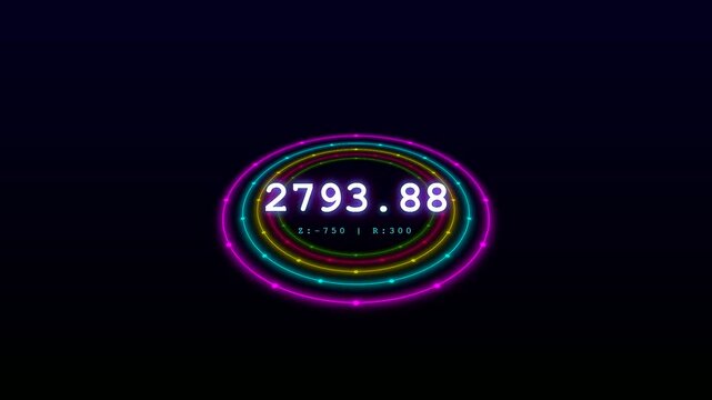 Glowing holographic elements featuring a Transparent UI Dashboard display dynamic numerical data and spinning colorful rings against a dark and futuristic digital network background environment.