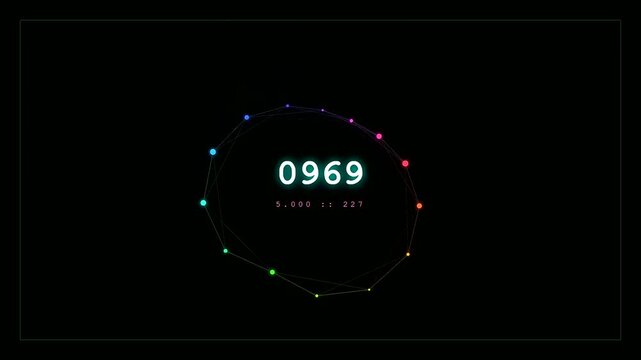 Dynamic numbers fluctuate rapidly within a transparent UI dashboard featuring an evolving geometric polygon shell that shifts through a rainbow spectrum against deep black space.