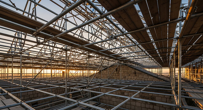 Industrial scaffolding roof structure with metal pipes and wooden planks covering a construction site at dusk highlighting site safety and building restoration