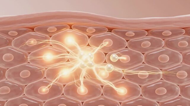3D Animation of Skin Cell Releasing Glowing Exosome Particle Rising to Surface Layer