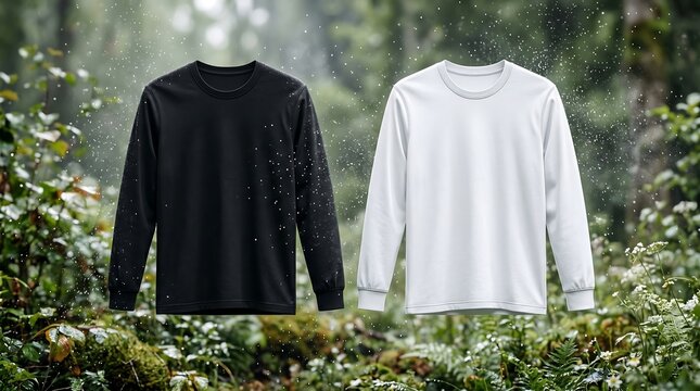 Black and white long sleeve t-shirt mockups in a rainy forest