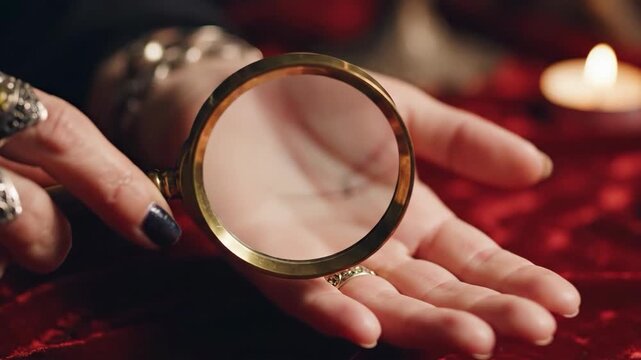 Fortune Teller Reads Palm Lines with Magnifying Glass in Mystical Setting.
