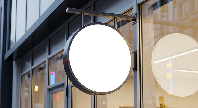 Signage hangs above a storefront entrance to provide a blank circular surface for custom branding.