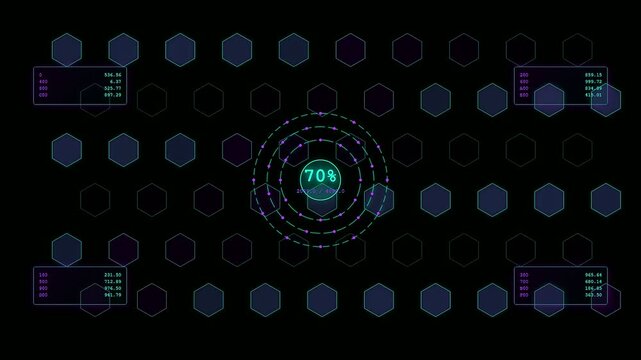 This futuristic and high tech transparent UI dashboard displays shifting hexagonal patterns and flickering data points during a complex cyber security monitoring process across multiple panels.