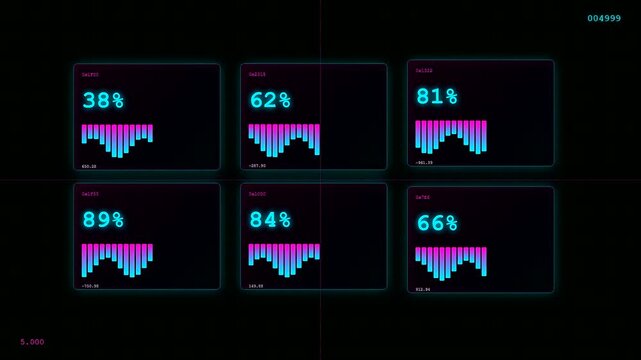 High tech elements on this transparent UI dashboard show shifting percentages and vibrant audio visualizers that flicker across three distinct chronological stages of digital processing.