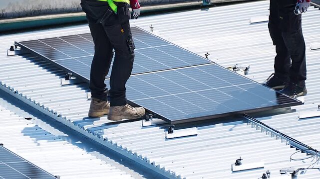 Two worker installing solar panel on metal roof at construction work site