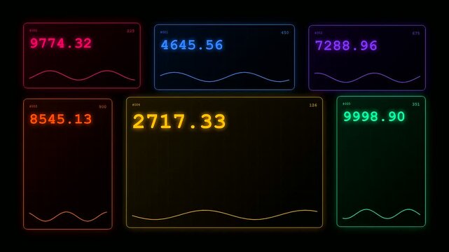 Vibrant data metrics update constantly on this transparent UI dashboard as glowing numeric values and oscillating wave patterns shift smoothly through a high tech virtual environment.