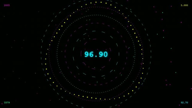 Fluctuating numerical values appear on a transparent UI dashboard with glowing circular elements rotating smoothly against a dark digital background for high tech data visualization.