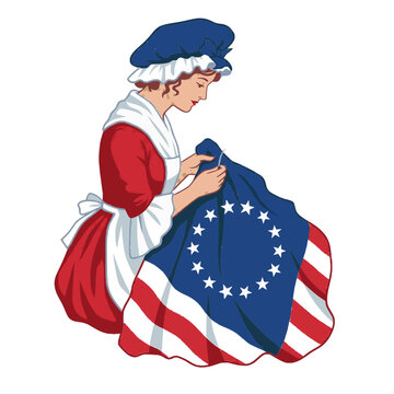 american soldier with american flag, american, flag, woman, sewing, dress, striped, red, blue, stars, hat, traditional, costume, seamstress, needle, thread, fabric, textile, craft, art, graphic, desig