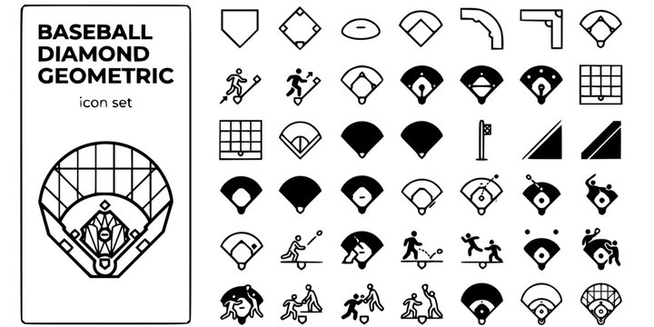 Baseball Diamond Geometric Black White-Base Path Infield Outfield Grid-Field Layout Vector-Diamond Icon Geometric-Baseball Design Set
