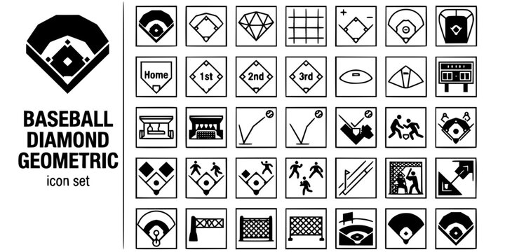 Baseball Diamond Geometric Black White-Base Path Infield Outfield Grid-Field Layout Vector-Diamond Icon Geometric-Baseball Design Set