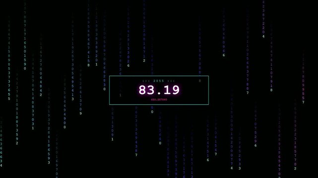 A futuristic digital display features a transparent UI dashboard with glowing numeric values amidst falling code streams representing complex data processing and advanced cybersecurity analytics.