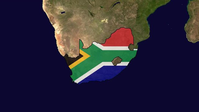 south africa map with national flag textured on southern africa satellite background