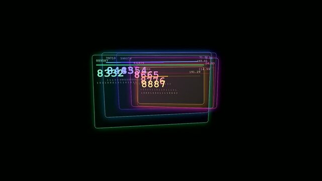A futuristic sequence features a glowing Transparent UI Dashboard displaying dynamic numeric data sets that float and shift across a dark digital cyberspace environment background.