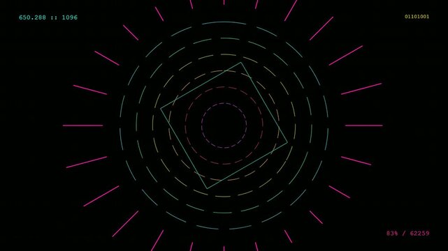 This futuristic and high technology Transparent UI Dashboard displays a rotating central square surrounded by glowing circular elements and numeric data for scientific analysis or monitoring.