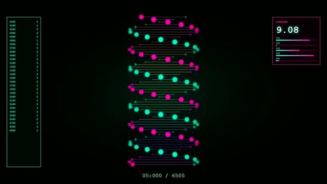 A complex medical sequence showing a Transparent UI Dashboard with rotating genetic helix models alongside numerical data streams and progress bars for advanced scientific research.