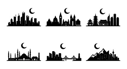 Fototapeta premium Global City Skylines Silhouette Collection, Diverse Architecture, Night Moon, Vector Icons