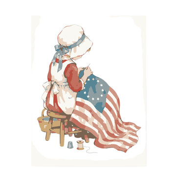 american, flag, sewing, woman, colonial, dress, stool, thread, spools, needle, patriotic, vintage, historical, costume, seamstress, craft, hobby, usa, united, states, red, blue, stripes, stars, machin