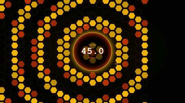 This dynamic video shows a transparent UI dashboard with animated hexagonal elements pulsing in a circular pattern representing advanced futuristic data processing and digital analytics.