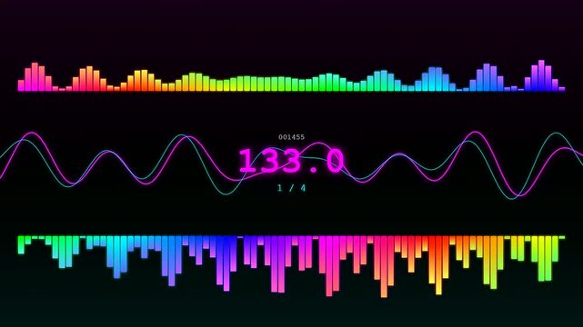 A futuristic and vibrant Transparent UI Dashboard displays fluctuating audio wave patterns and colorful frequency bars as music tempo shifts during a high energy performance.