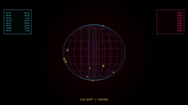 This motion graphic features a rotating Transparent UI Dashboard displaying planetary coordinates and data points for futuristic tracking and surveillance operations in a sci fi environment.