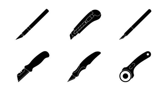 Craft Knives and Cutters, Utility Blades, Precision Tools, Silhouette Vector Set
