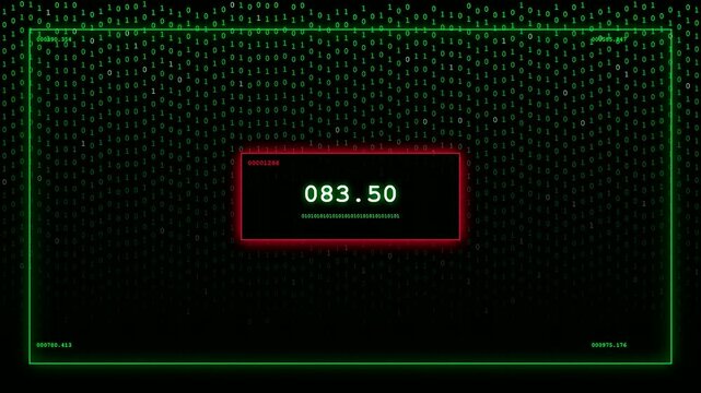 This futuristic and high tech transparent UI dashboard displays streaming binary data and shifting numerical values within glowing red interface boxes for a cinematic digital aesthetic.