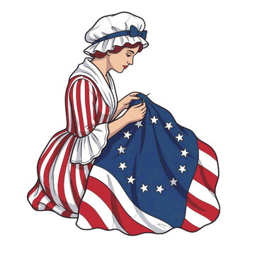woman, colonial, dress, sewing, betsy, ross, flag, stars, stripes, red, blue, hat, apron, needle, thread, fabric, american, history, usa, patriotic, seamstress, costume, graphic, art, design, machine,