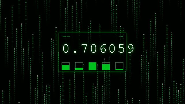 A futuristic Transparent UI Dashboard displays glowing green numbers and animated bar graphs flickering over a dark background with cascading binary code falling in digital streams.