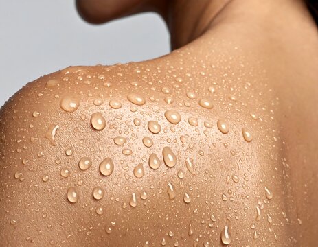 Close-up of a person's shoulder and upper back glistening with droplets. Skin tone is light brown, and water beads reflect light