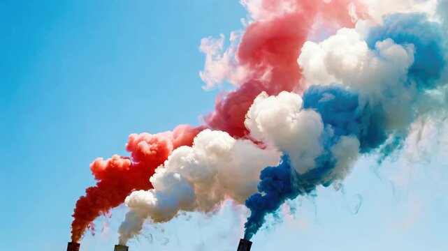 Red white and blue smoke billowing from industrial chimneys against clear sky, patriotic pollution concept for 4th of July, Independence Day, environment or climate message
