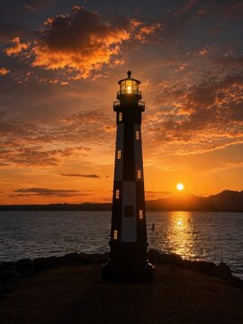 Lighthouse glowing at sunset on Lake Havasu, Arizona, with dramatic clouds, water reflections, and mountain silhouettes.