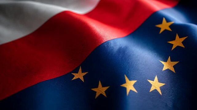 polish flag waving next to eu flag. poland member of european union