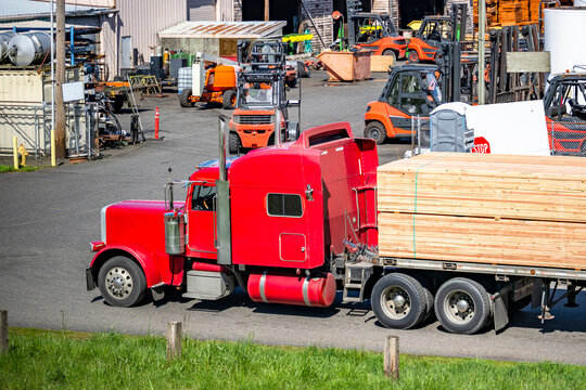 Red classic big rig semi truck tractor transporting lumber cargo on flat bed semi trailer running on the manufacturing lot with numerous forklifts