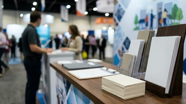 Medium shot at a trade exposition insurance booth sharply capturing a stack of business cards and display materials with ambient lighting and blurred exhibitors in the back.