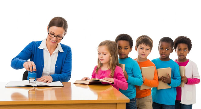Female teacher helps a student with an assignment while classmates look on in a lively classroom setting. Collaborative learning.