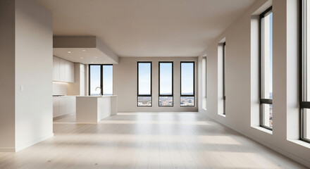 Fototapeta premium Modern Empty Apartment Interior With Kitchen And Large Windows