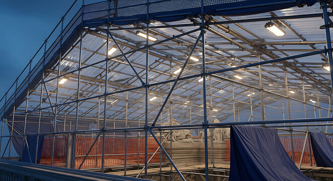 Professional industrial temporary scaffolding roof system with bright LED lighting and safety netting installed on a building for nighttime renovation and restoration