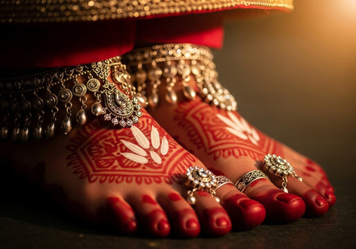 Traditional Indian bride&rsquo;s feet adorned with intricate henna designs and ornate jewelry, including anklets and toe rings, symbolizing cultural heritage. The feet are delicately decorated in red henna.