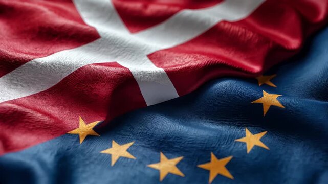 danish flag waving next to eu flag. denmark european union member