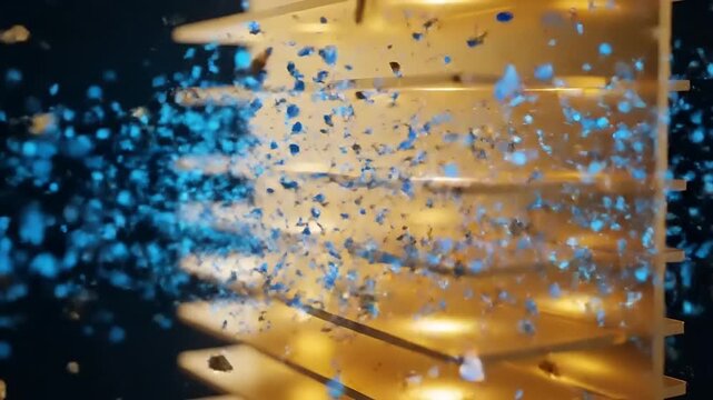 A mesmerizing video of blue particles exploding around a bright yellow cylindrical object in a dark room.