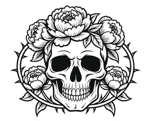 Fototapeta premium A gothic floral tattoo design featuring a skull surrounded by roses