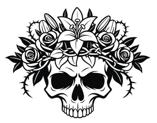 Fototapeta premium A gothic skull adorned with a dark floral crown and lace, showcasing a eerie yet beautiful scene.