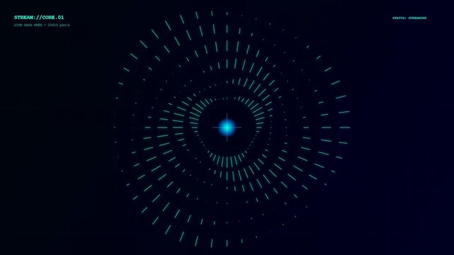 A circular pulse indicating realtime data streaming flow on a dark digital interface showing light particles rotating rapidly in a constant cycle of motion