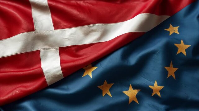 danish flag waving next to eu flag. denmark european union member