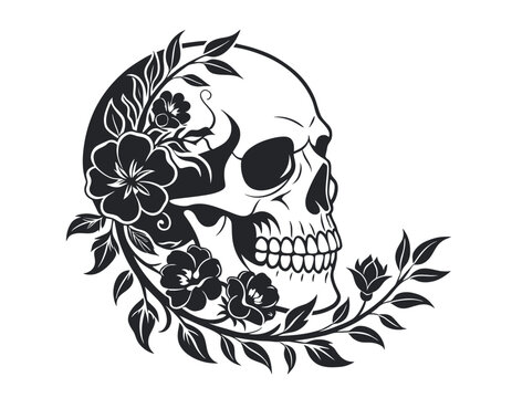 A sternum tattoo design features a skull with dark floral gothic elements.